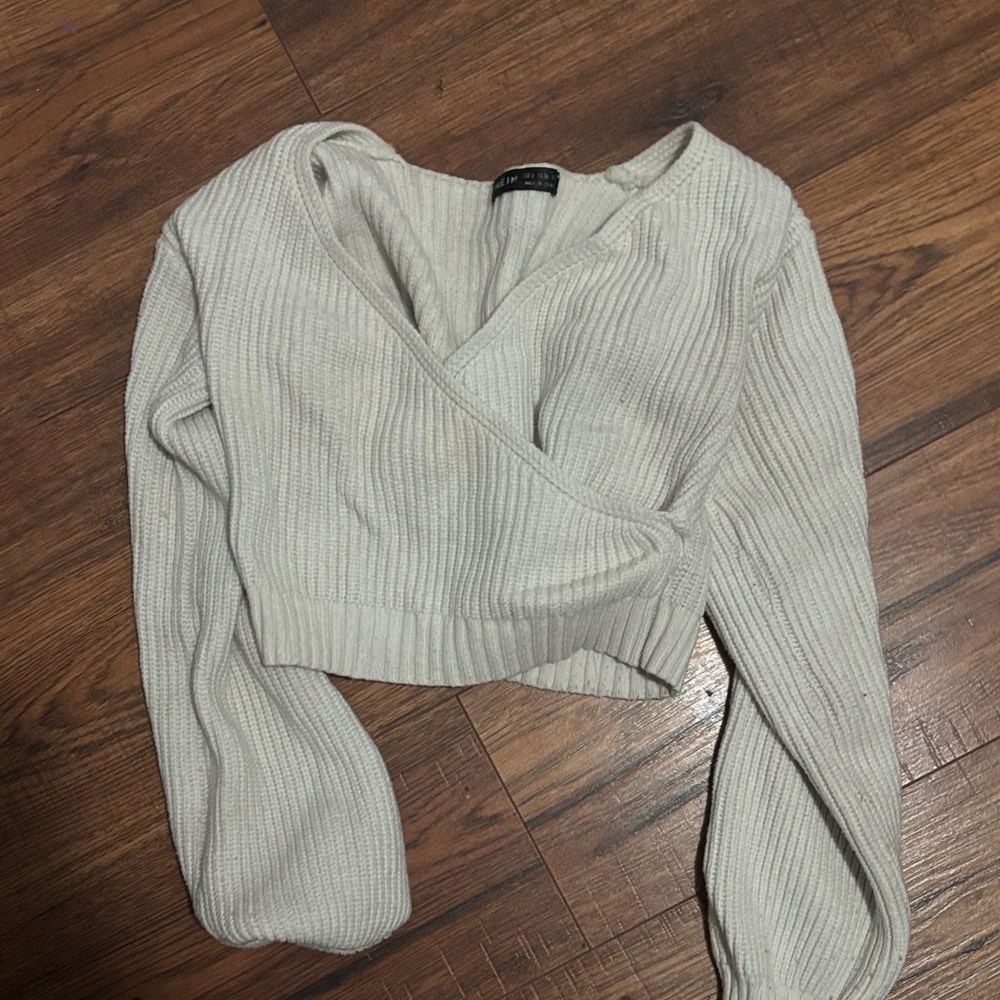 Cream Ribbed Wrap Crop Top